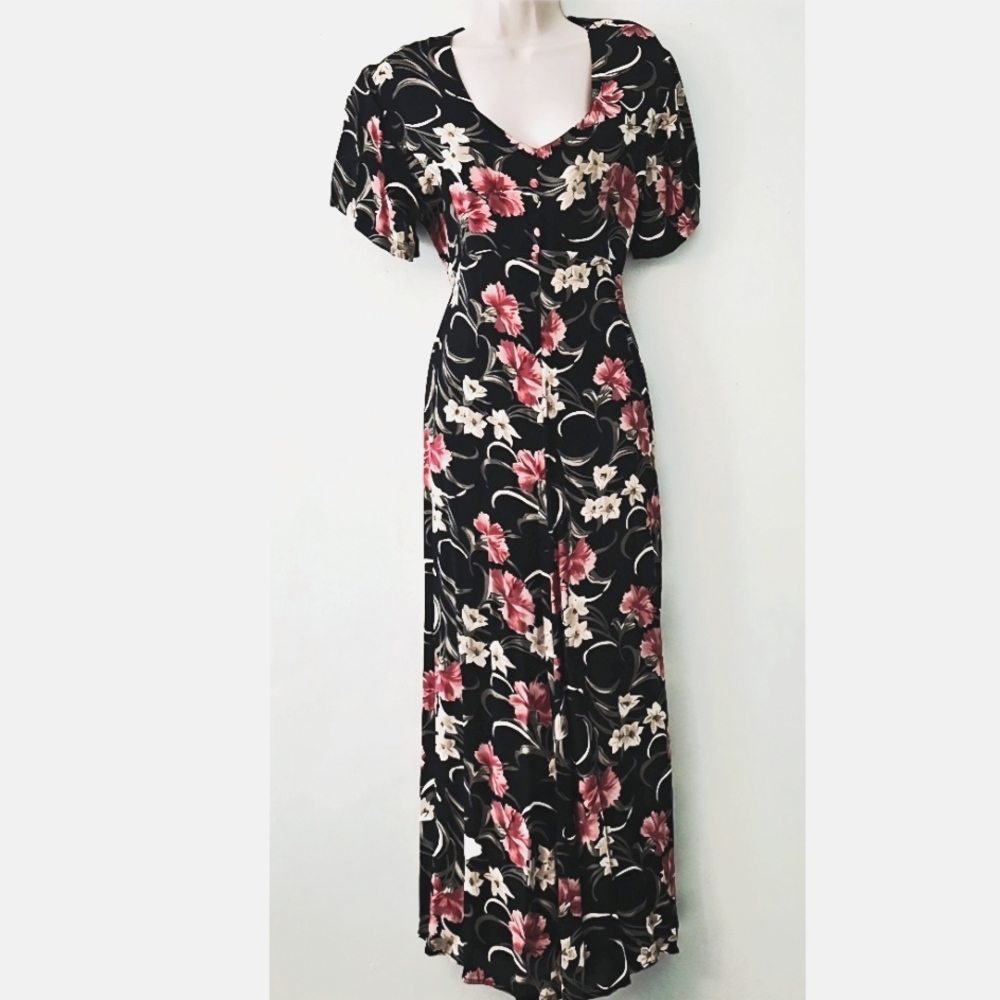 Vintage Floral Black and Pink Midi Dress Size L Fairycore